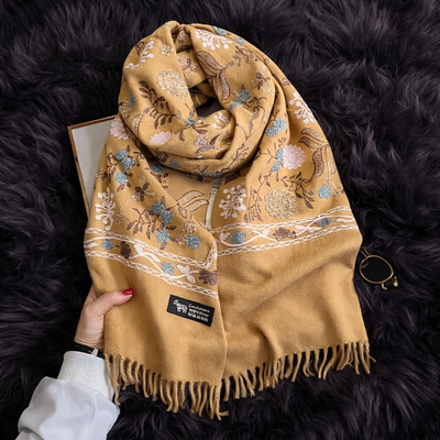Bianca Embroidered Floral Winter Scarf in Khaki