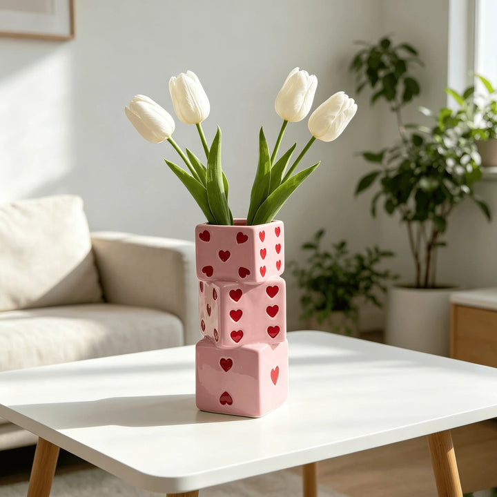 Dado pink dice vase with tulips