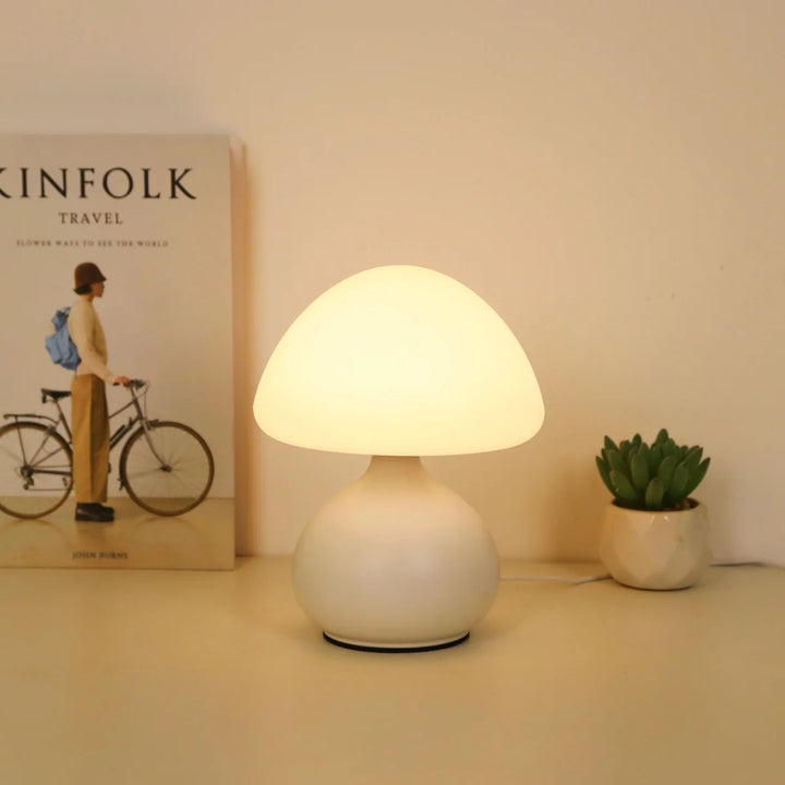 Funghetto mushroom lamp with a white base
