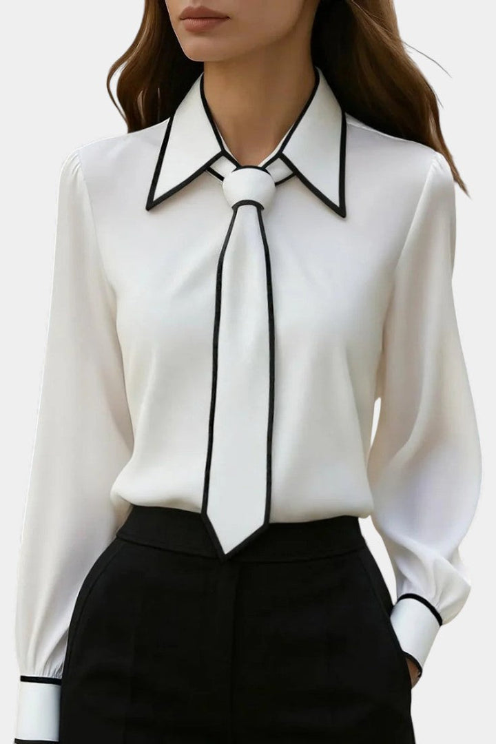 Ivory Maurine Blouse with Knotted Collar and Contrasting Details – women&