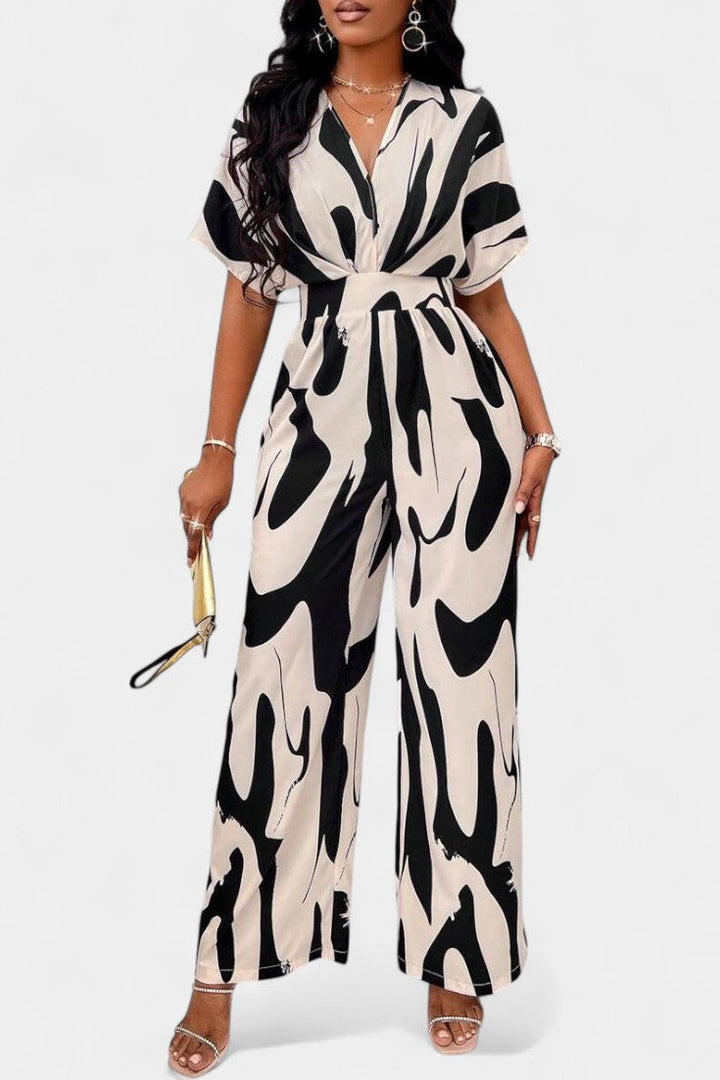 Zahara V Neck Abstract Wide Leg Jumpsuit – women&