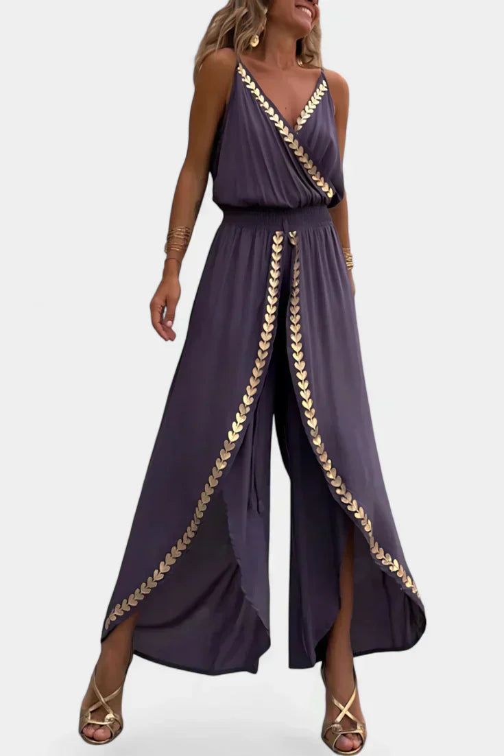 Donatila Backless Jumpsuit Featuring Elegant Gold Accents – women's jumpsuits