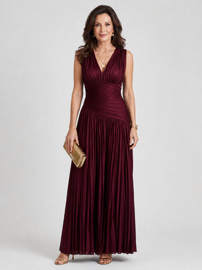 Lemar Sleeveless Pleated V Neck Midi Dress – women's dresses