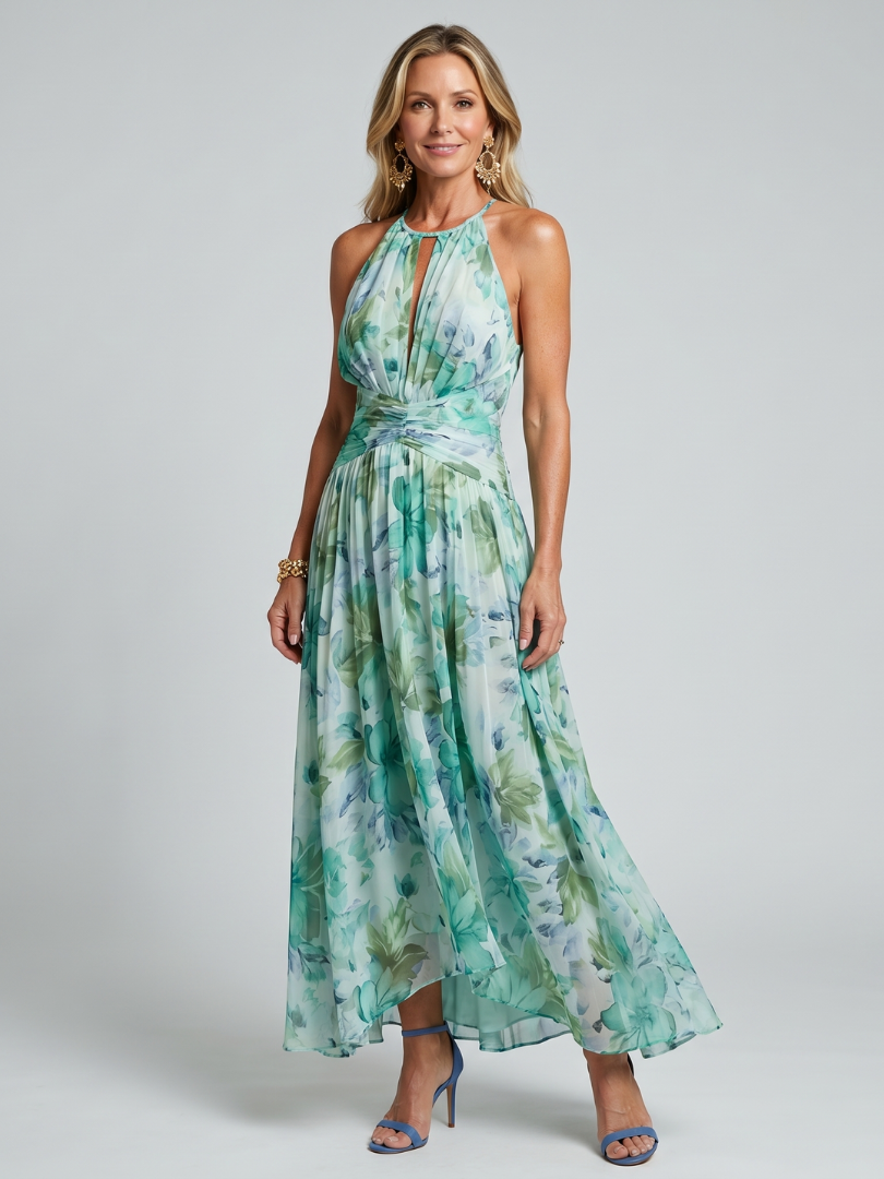 Portia Pleated Halter Soft Floral Pattern Midi Dress – women's dresses