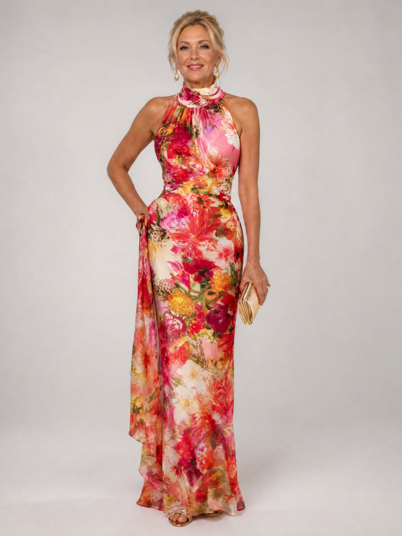 Elisabetta Halter Neck Floral Print Maxi Dress – women's dresses