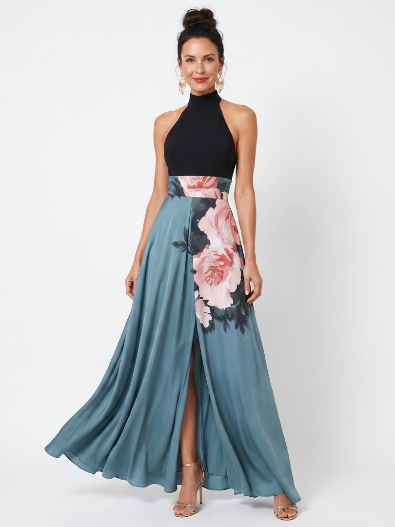 Olympas Halter Bodice Floral Skirt Maxi Dress – women's dresses