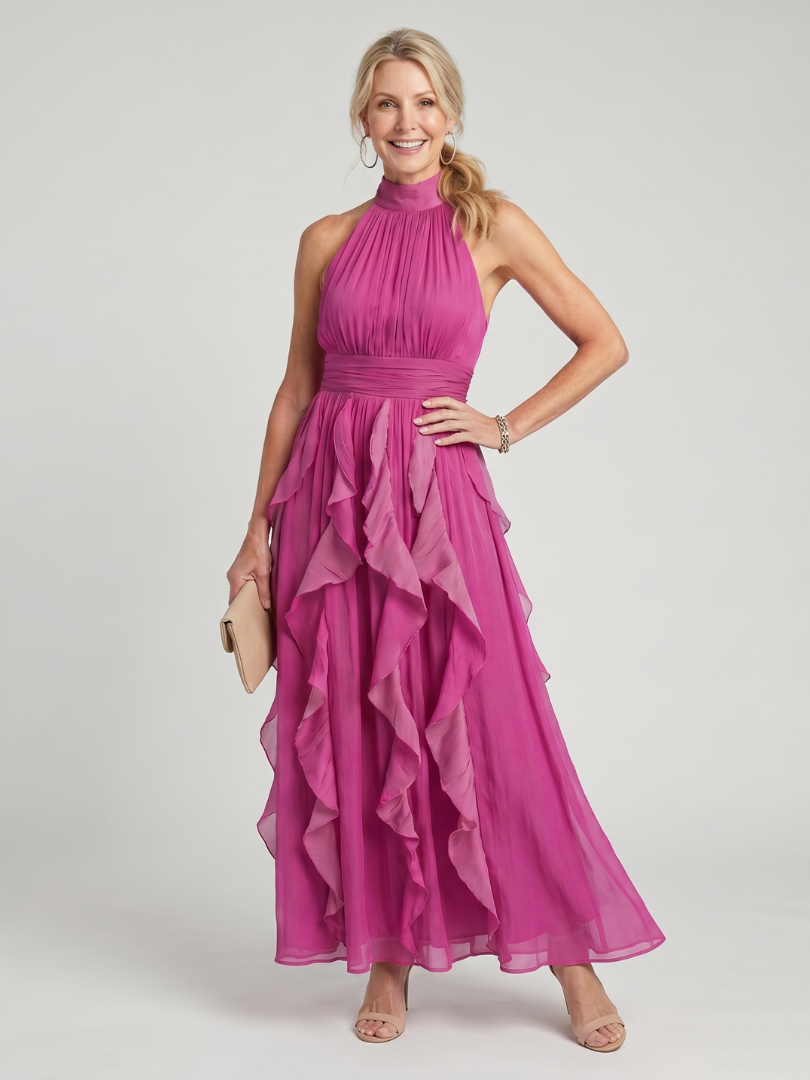 Orea High Neck Gathered Ruffle Layers Maxi Dress – women's dresses