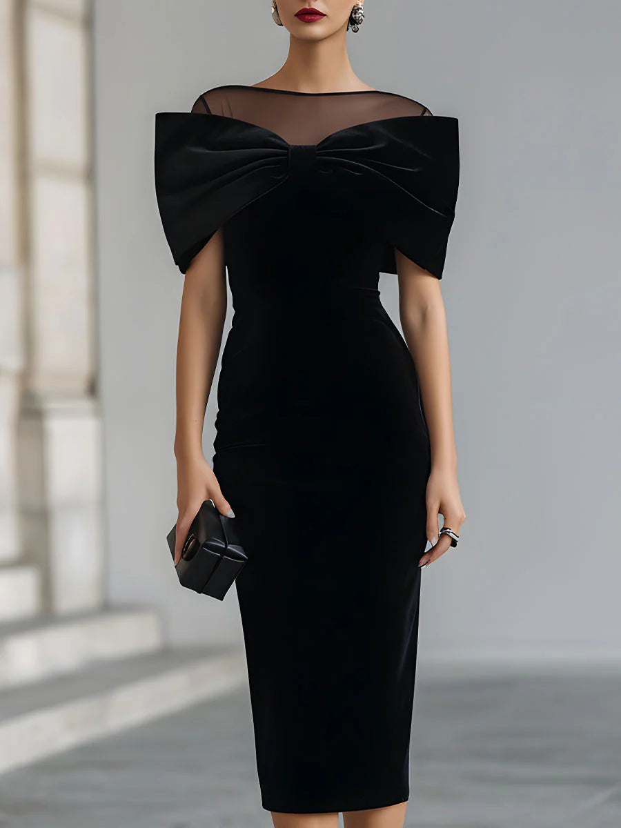 Regina ❘ Black Velvet Midi Dress with Dramatic Bow – women's dresses