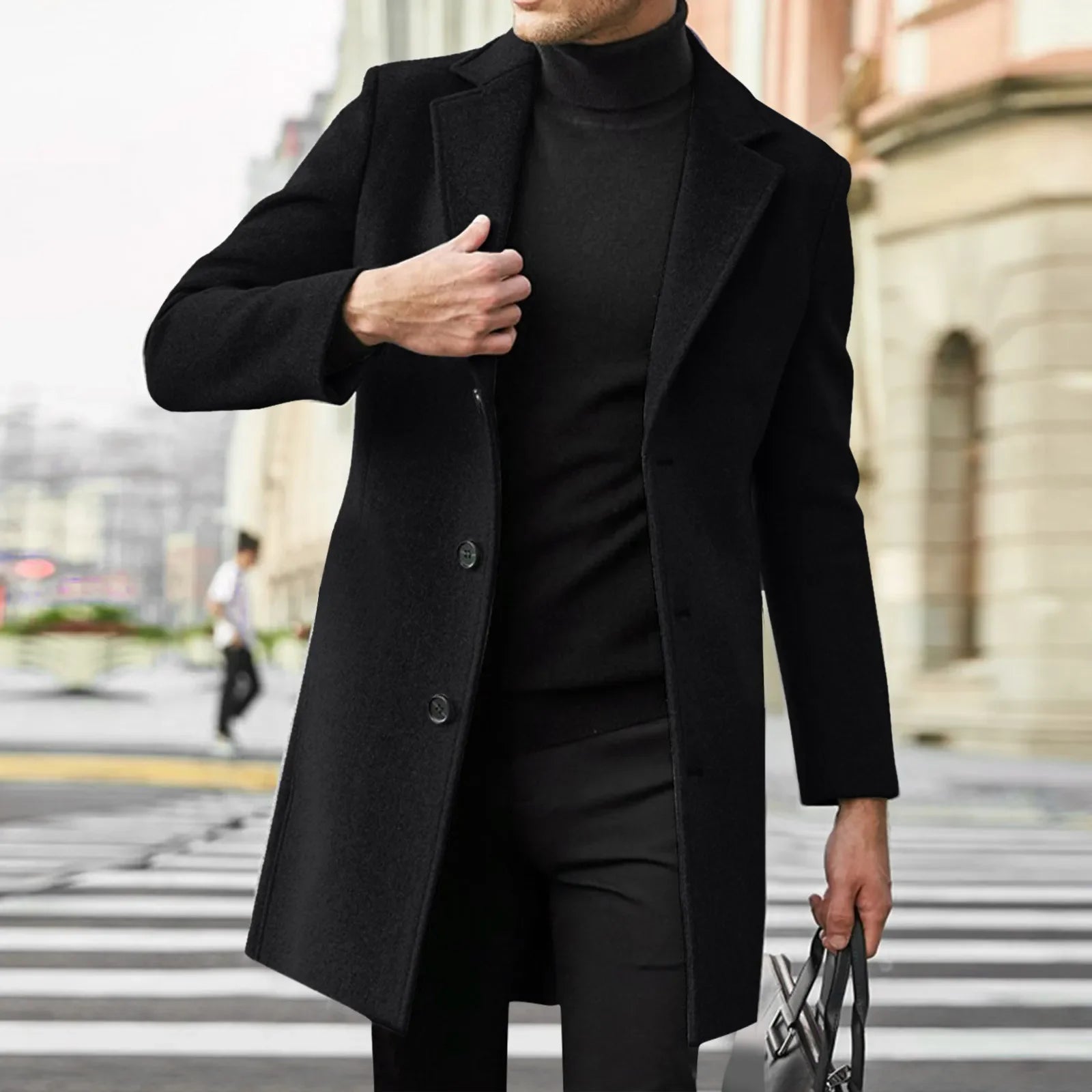 Torino men's single-breasted wool-blend overcoat in Black
