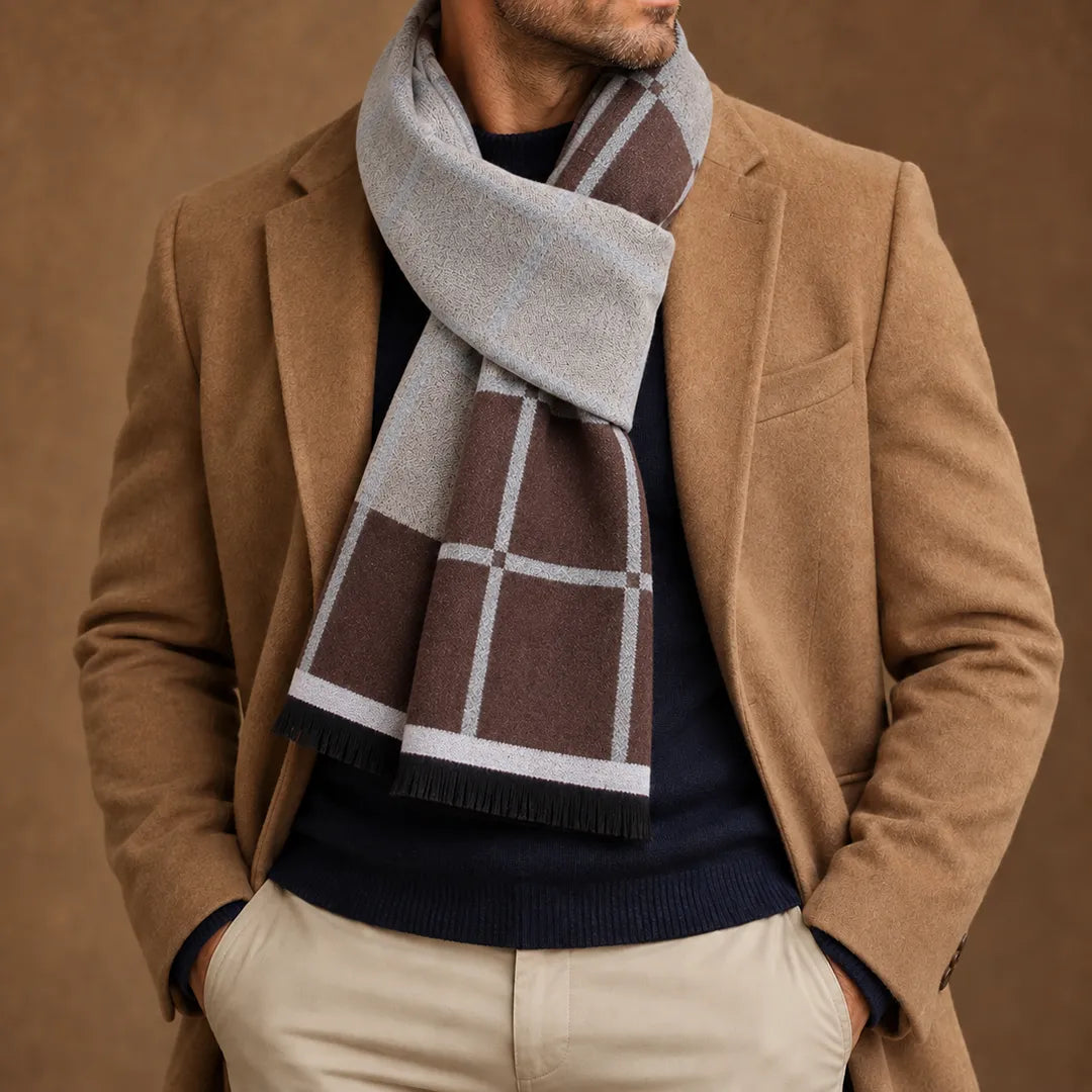 Alessio Checked Fringe Scarf in Gray & Brown