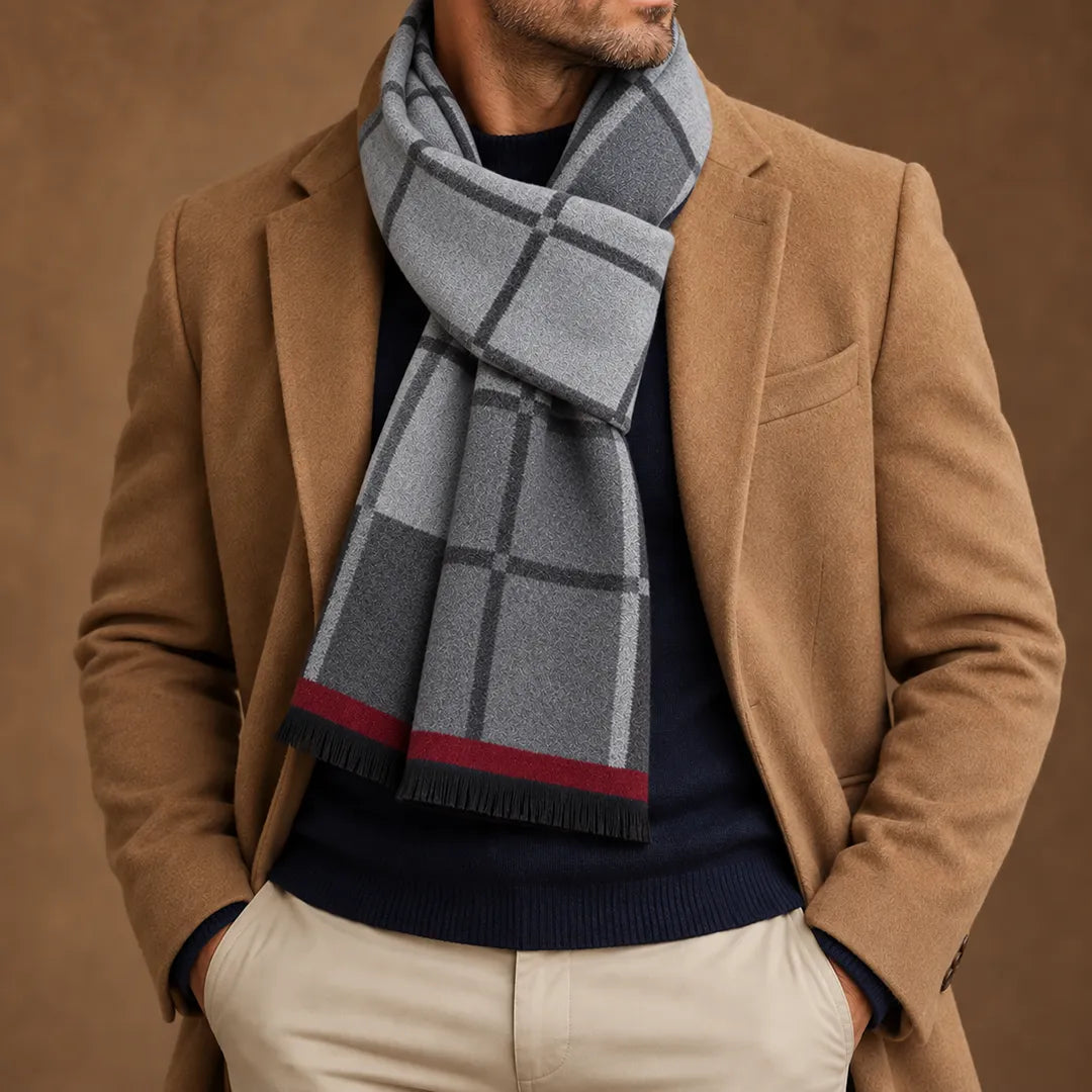 Alessio Checked Fringe Scarf in Gray & Red