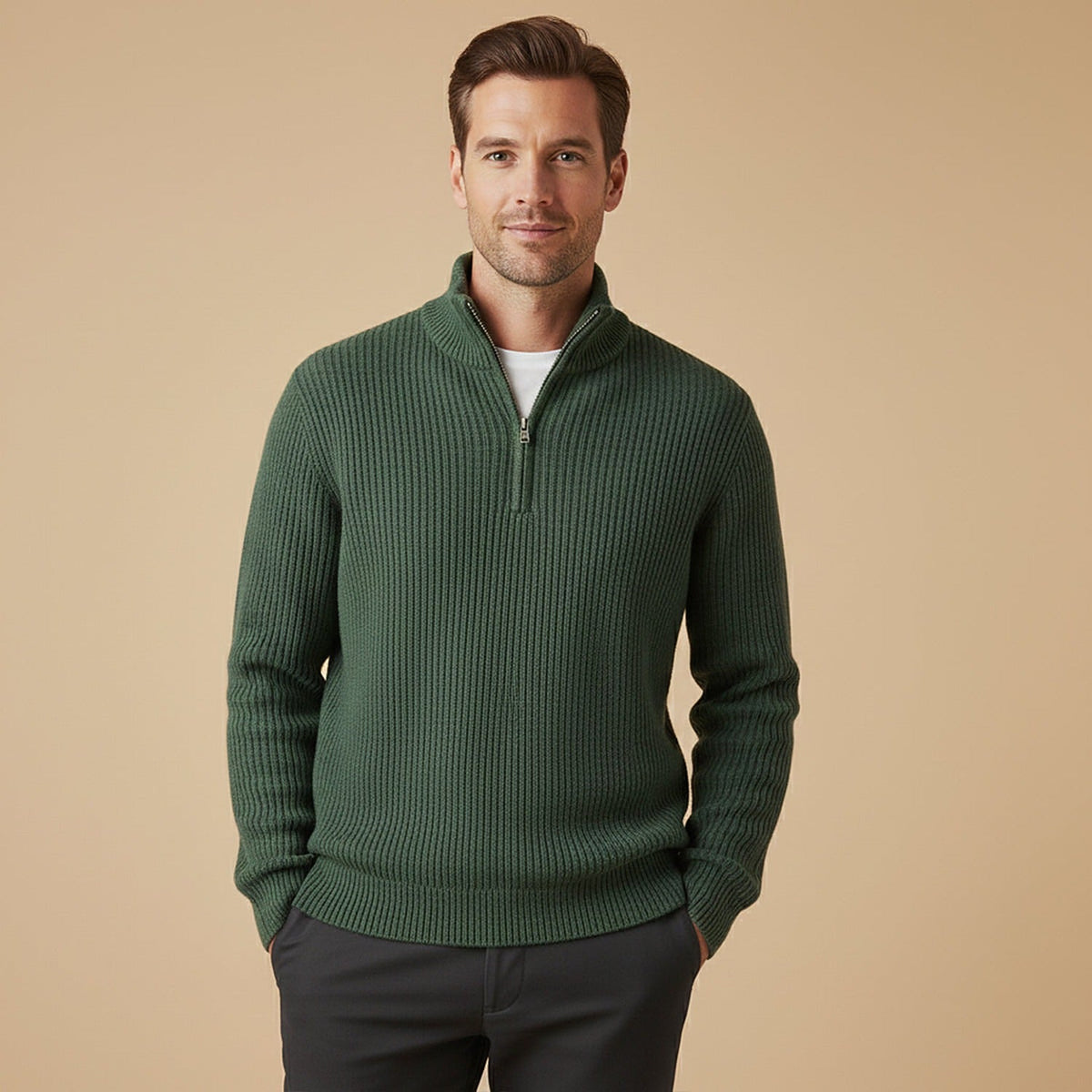 Asiago Ribbed Half-Zip Sweater - Forest Green