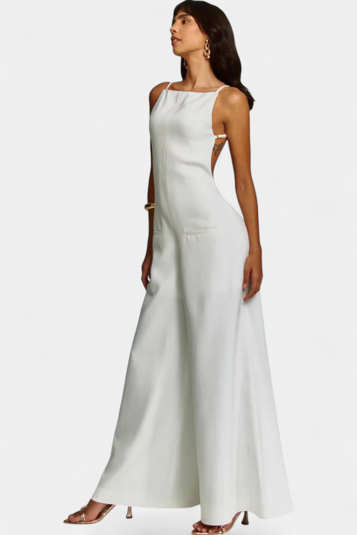 Belén Ramie Wide Leg Halter Jumpsuit with Straight Neckline – women's jumpsuits, view 4