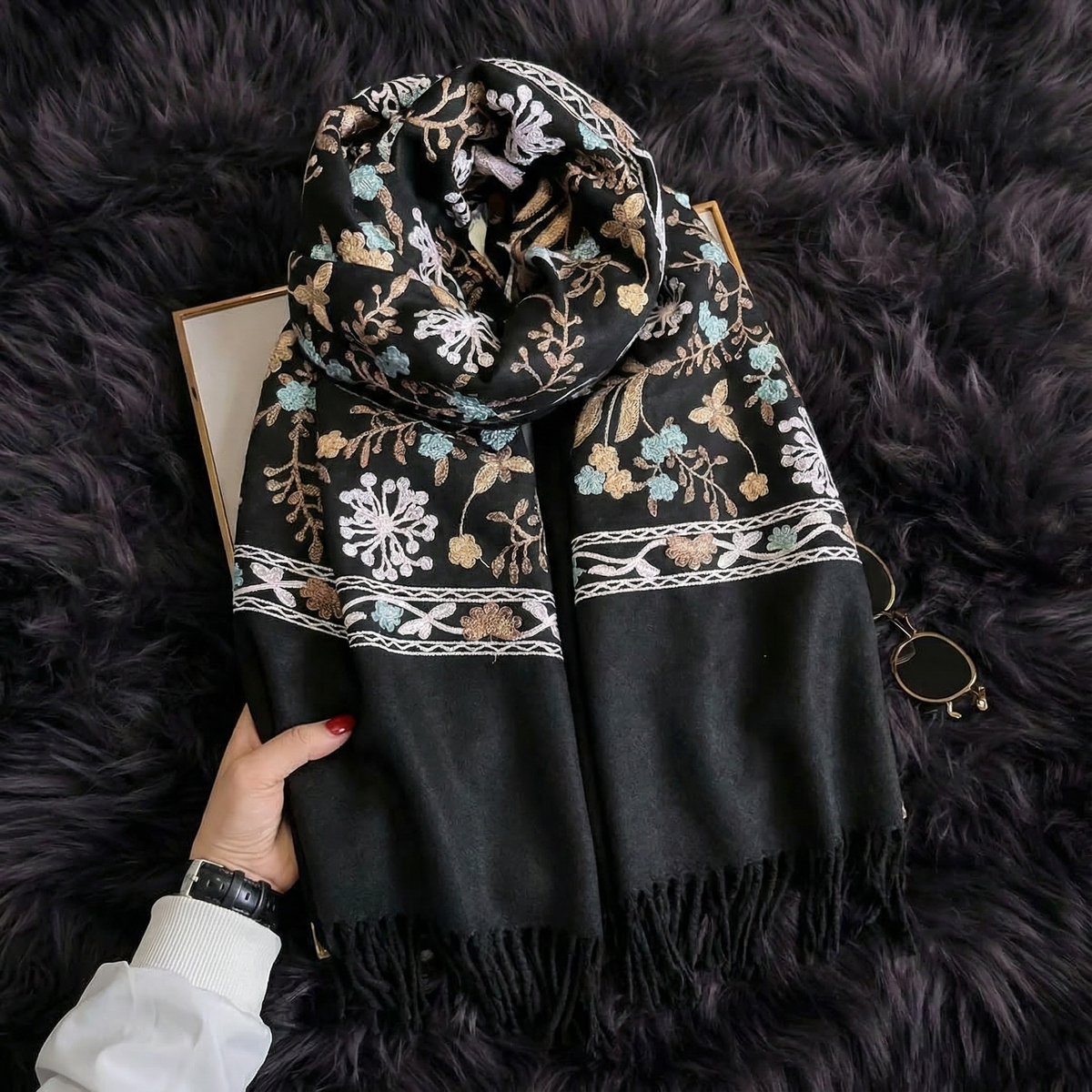 Bianca Embroidered Floral Winter Scarf in Black