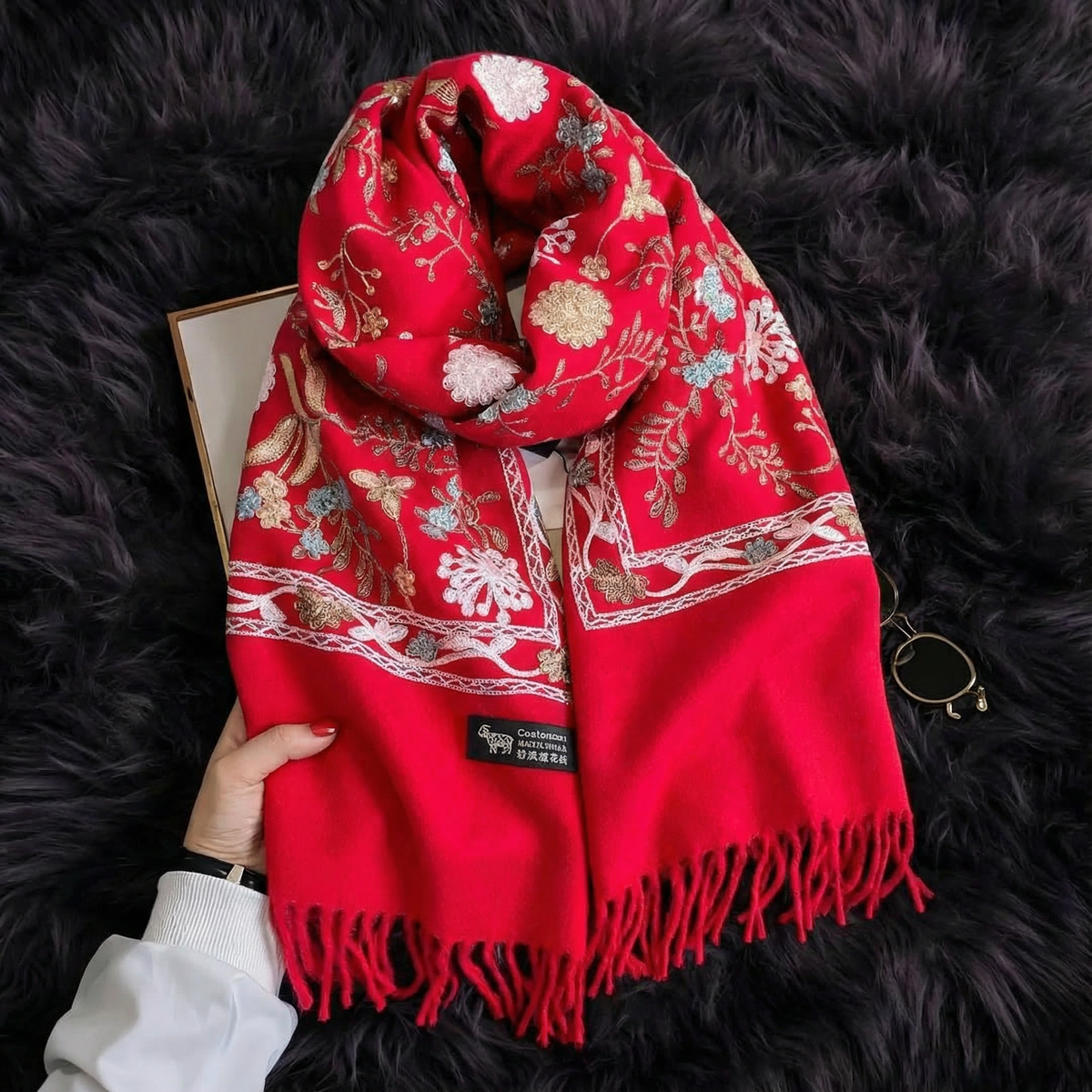 Bianca Embroidered Floral Winter Scarf in Red