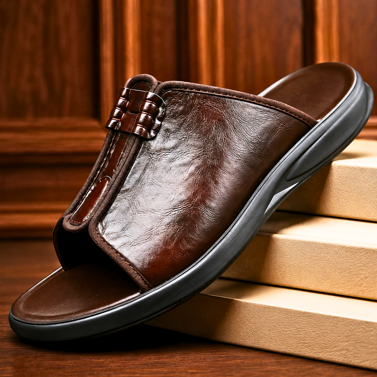 Bondi men's leather-finish sandals in Brown – Avinos Milano