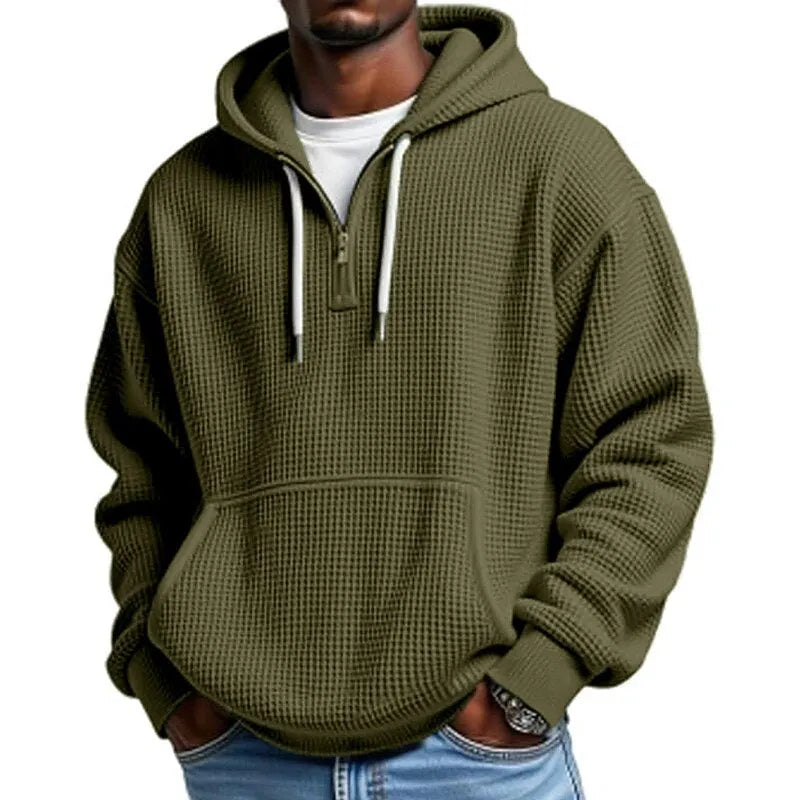 Brenta Waffle-Knit Hoodie in Army Green