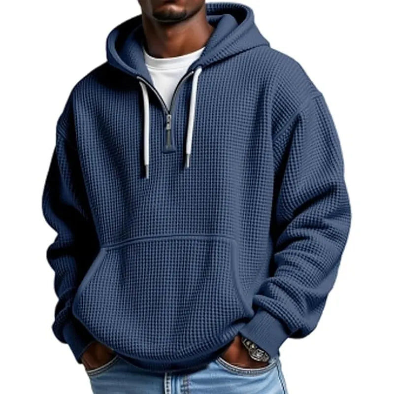 Brenta Waffle-Knit Hoodie in Navy Blue