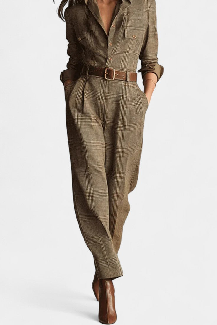 Cali Brown Checkered Tweed Jumpsuit with Adjustable Belt – women's jumpsuits, view 3