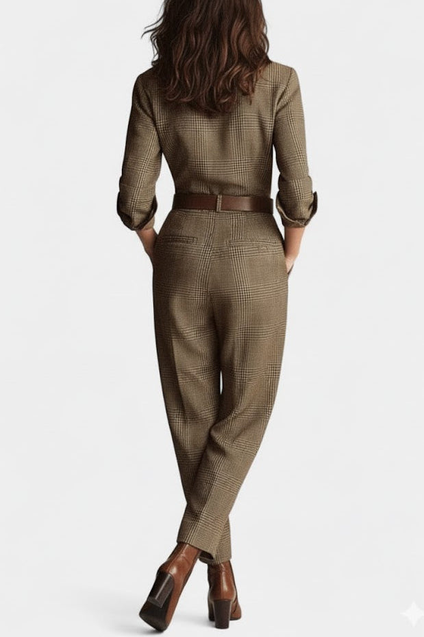Cali Brown Checkered Tweed Jumpsuit with Adjustable Belt – women's jumpsuits, view 4