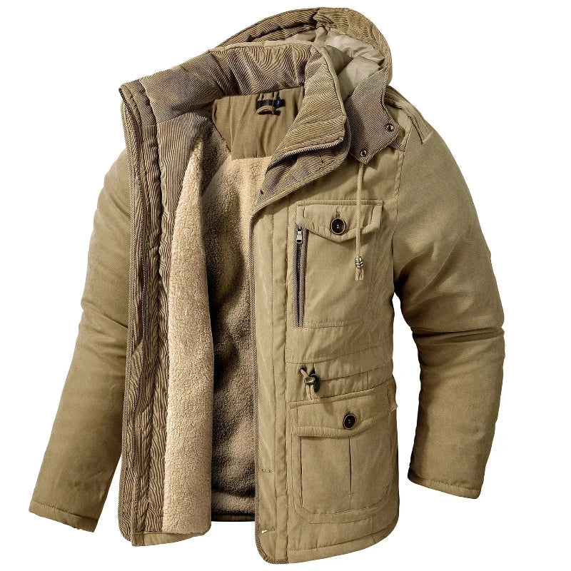 Carter men's winter parka jacket with removable hood, front view