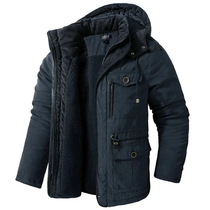 Carter men's hooded winter parka, styled look
