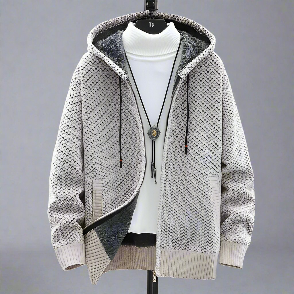 Cortina Fleece-Lined Knit Hoodie in Stone Beige
