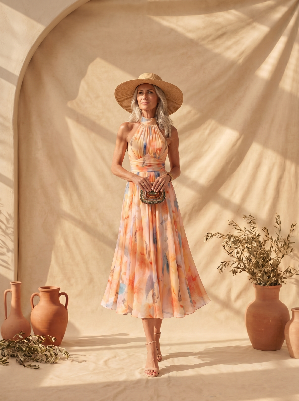 Aurora Watercolor Print Halter Neck Dress, view 2