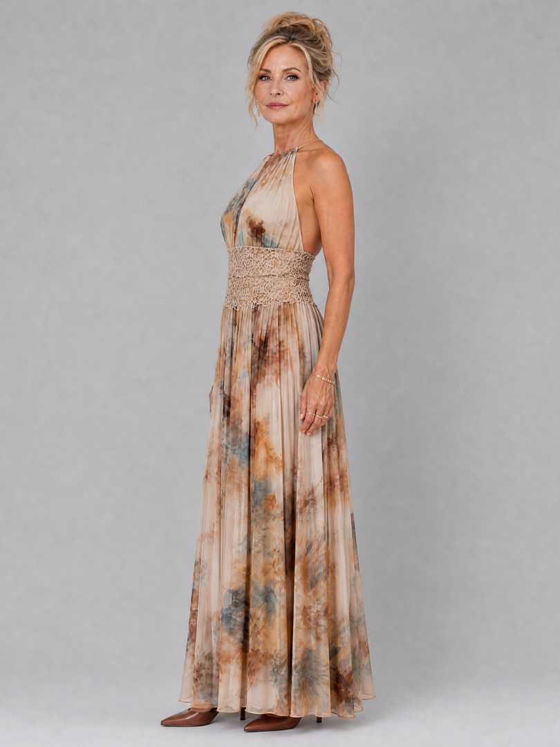 Elavenue Halter Neck Lace Waist Maxi Dress – women's dresses, view 2