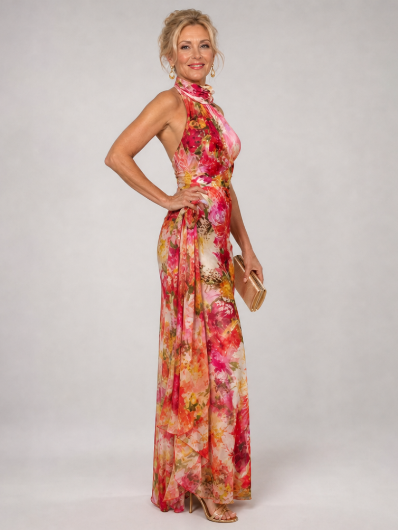Elisabetta Halter Neck Floral Print Maxi Dress – women's dresses, view 2