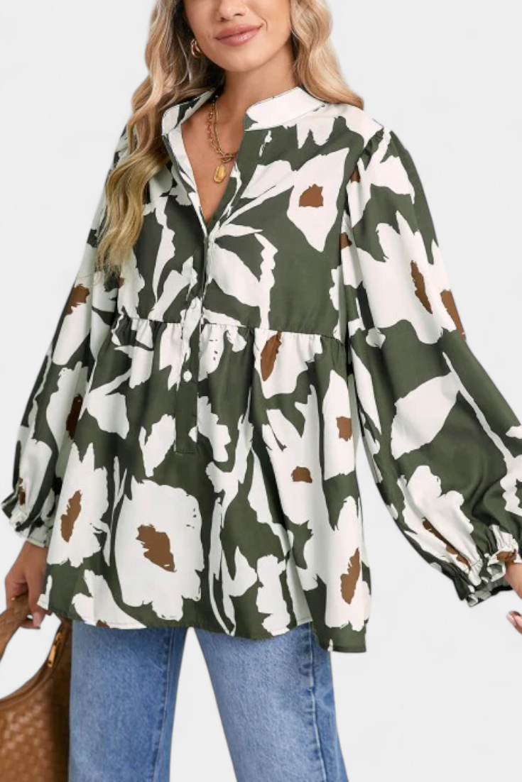Filomena Relaxed Blouse with Puff Sleeves and Abstract Floral Design – women's shirts, view 2