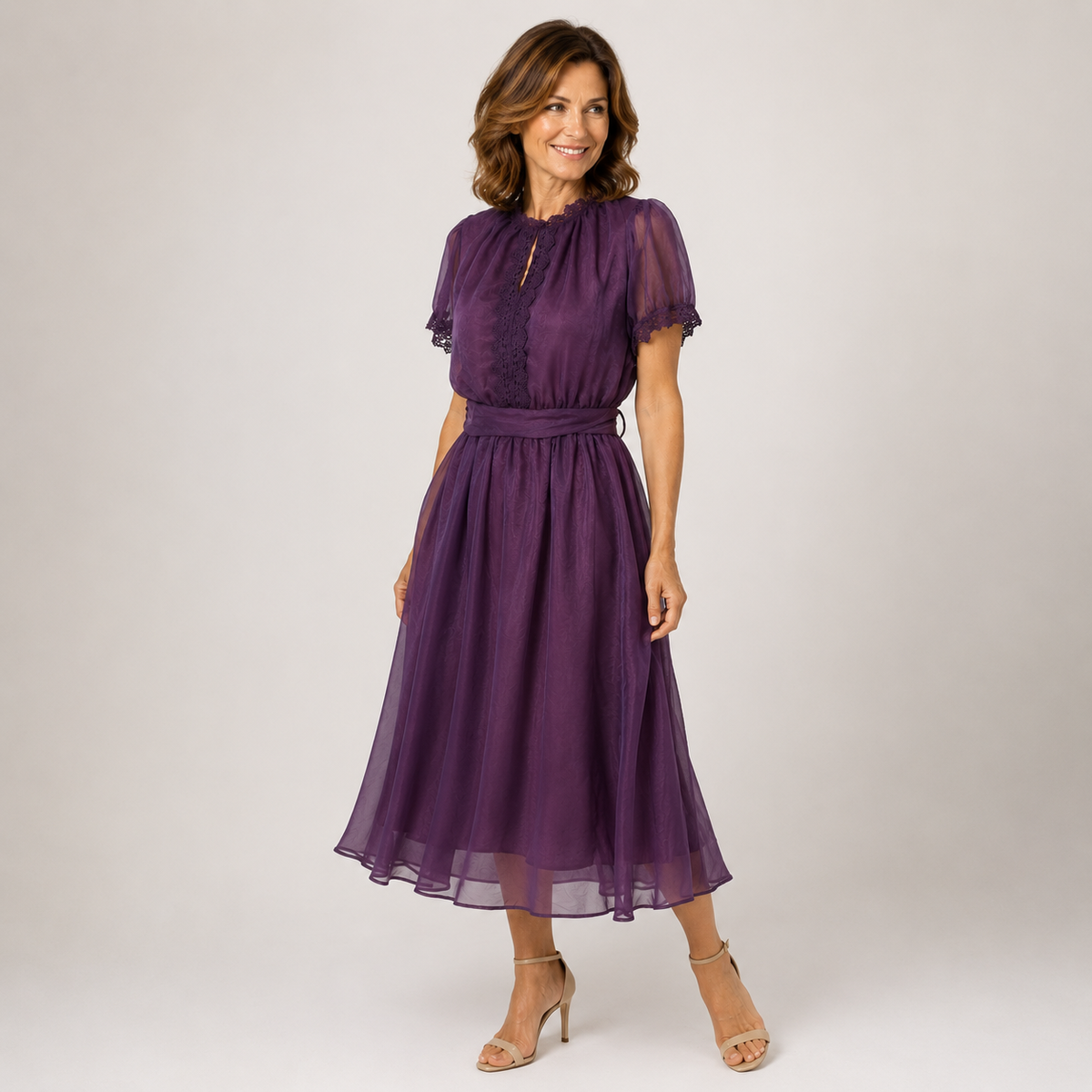 Flavia Maxi Dress Featuring a Drop Neckline and Chiffon Lace Accents, view 3