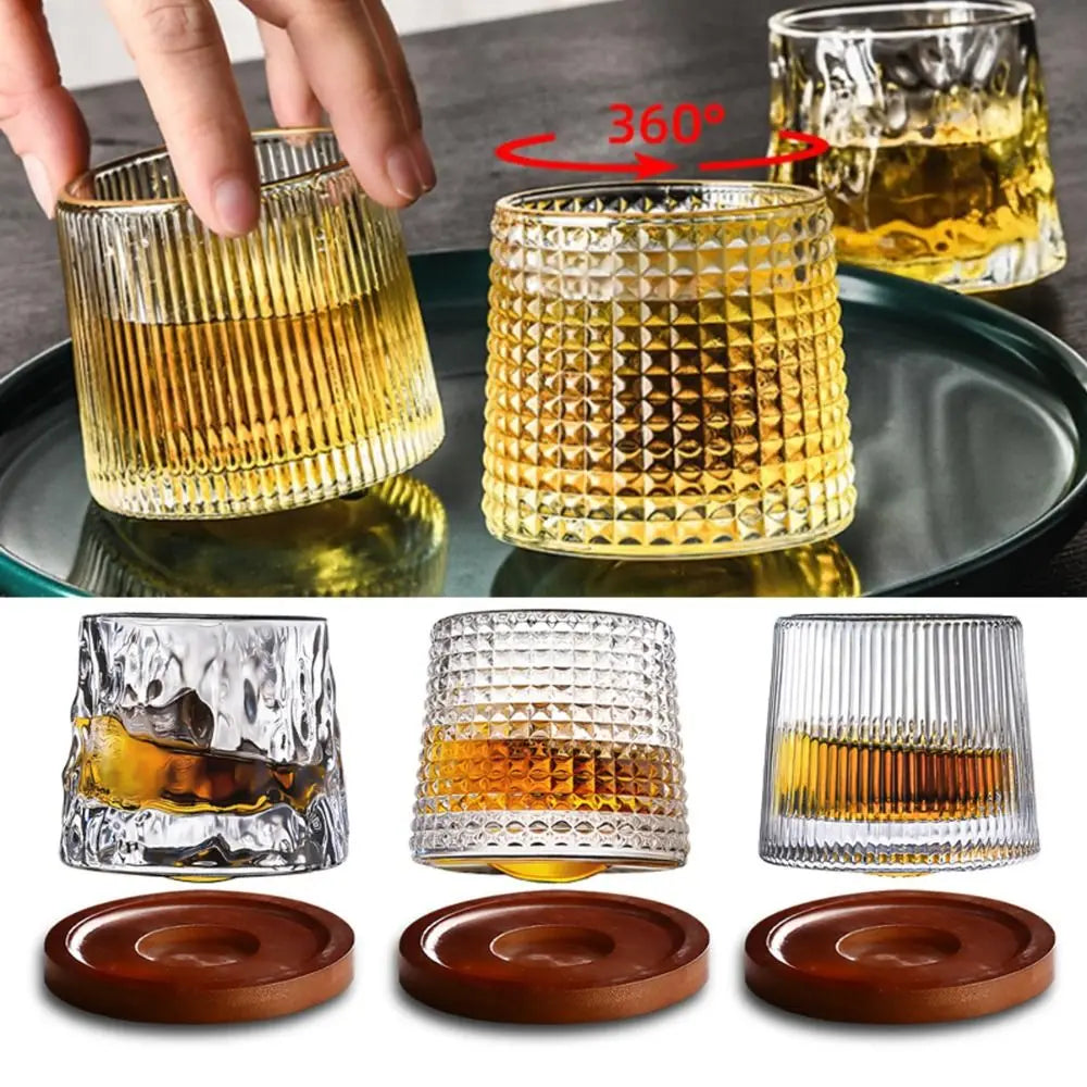 Giro spinning whiskey glasses with wooden coasters