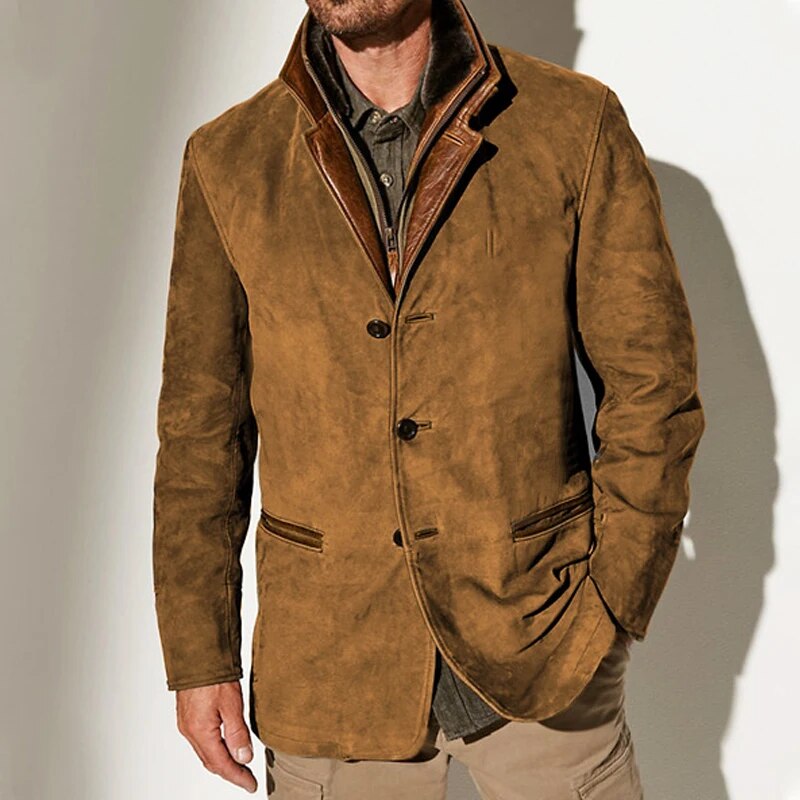 Man wearing the Harrison men's vintage suede-look jacket in Cognac
