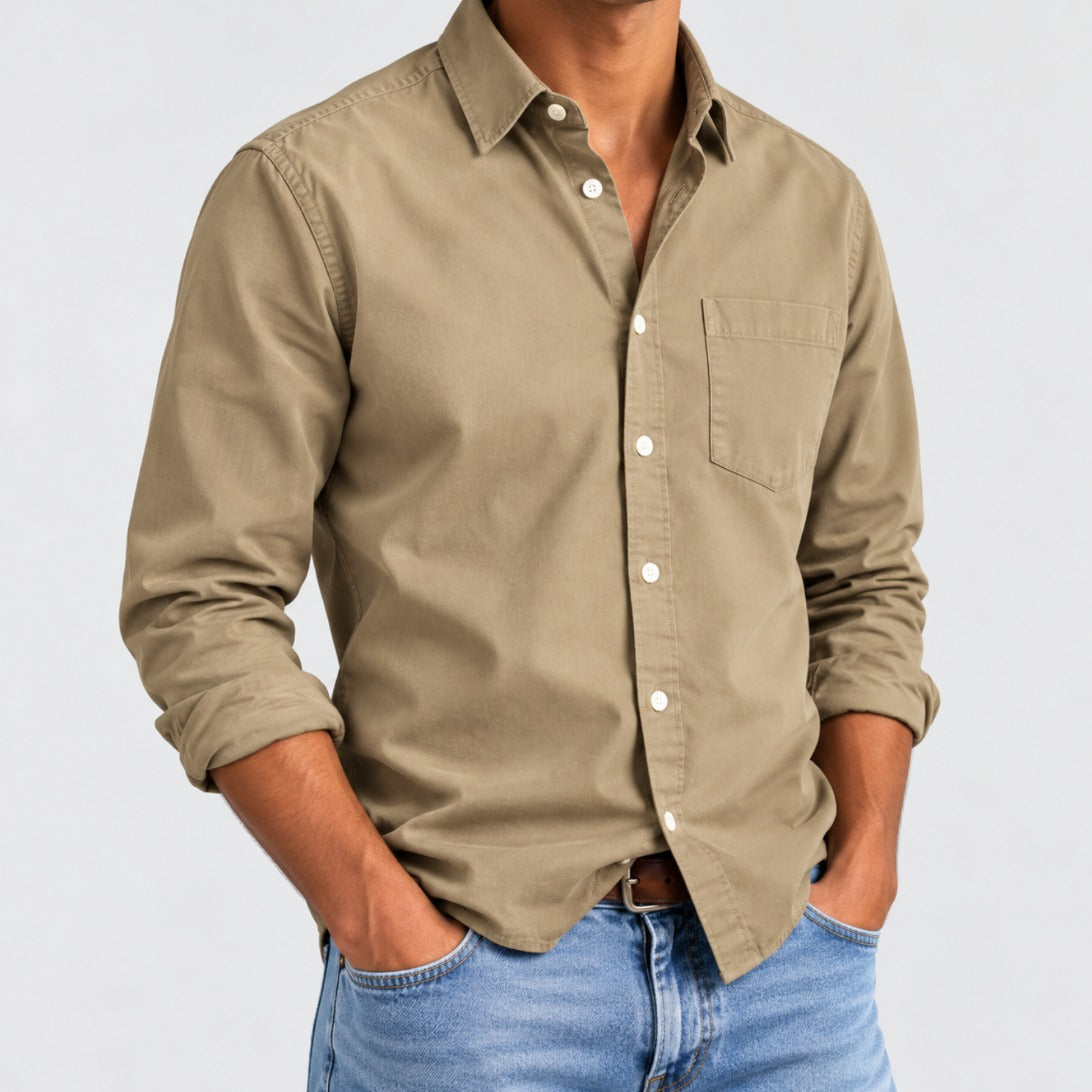 Hudson men's classic button-up shirt in Dune Tan, worn with jeans