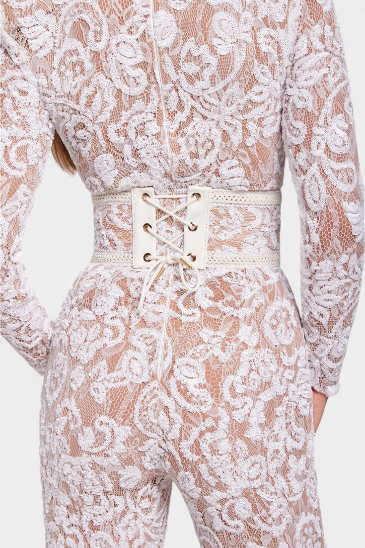 Jimena Corset Belted Sequined Lace Jumpsuit – women's jumpsuits, view 3