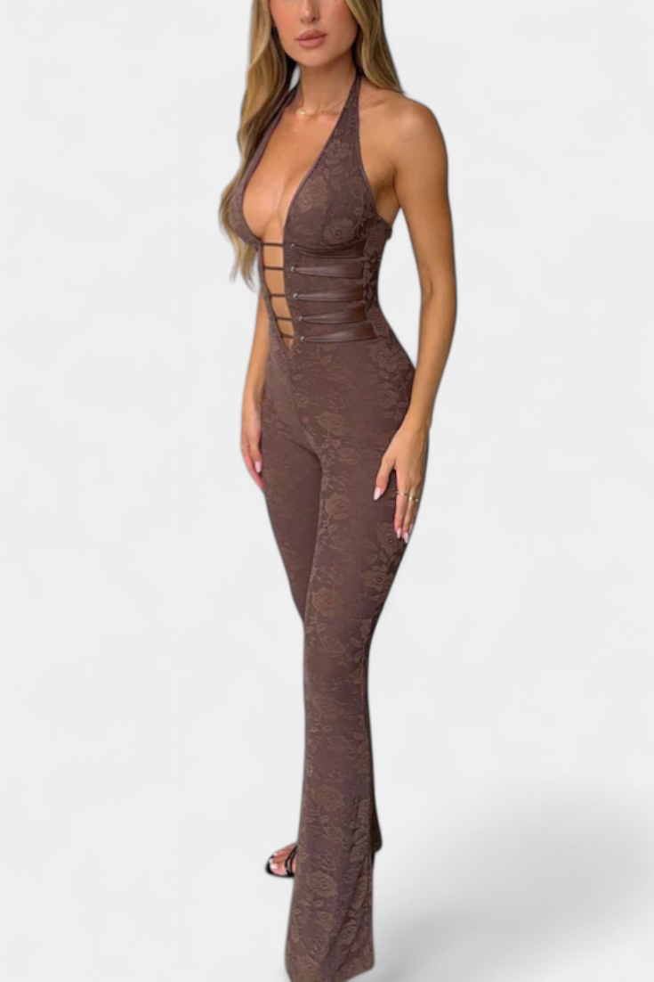 Kendra Floral Lace Halter Jumpsuit Featuring an Open Back – women's jumpsuits, view 2