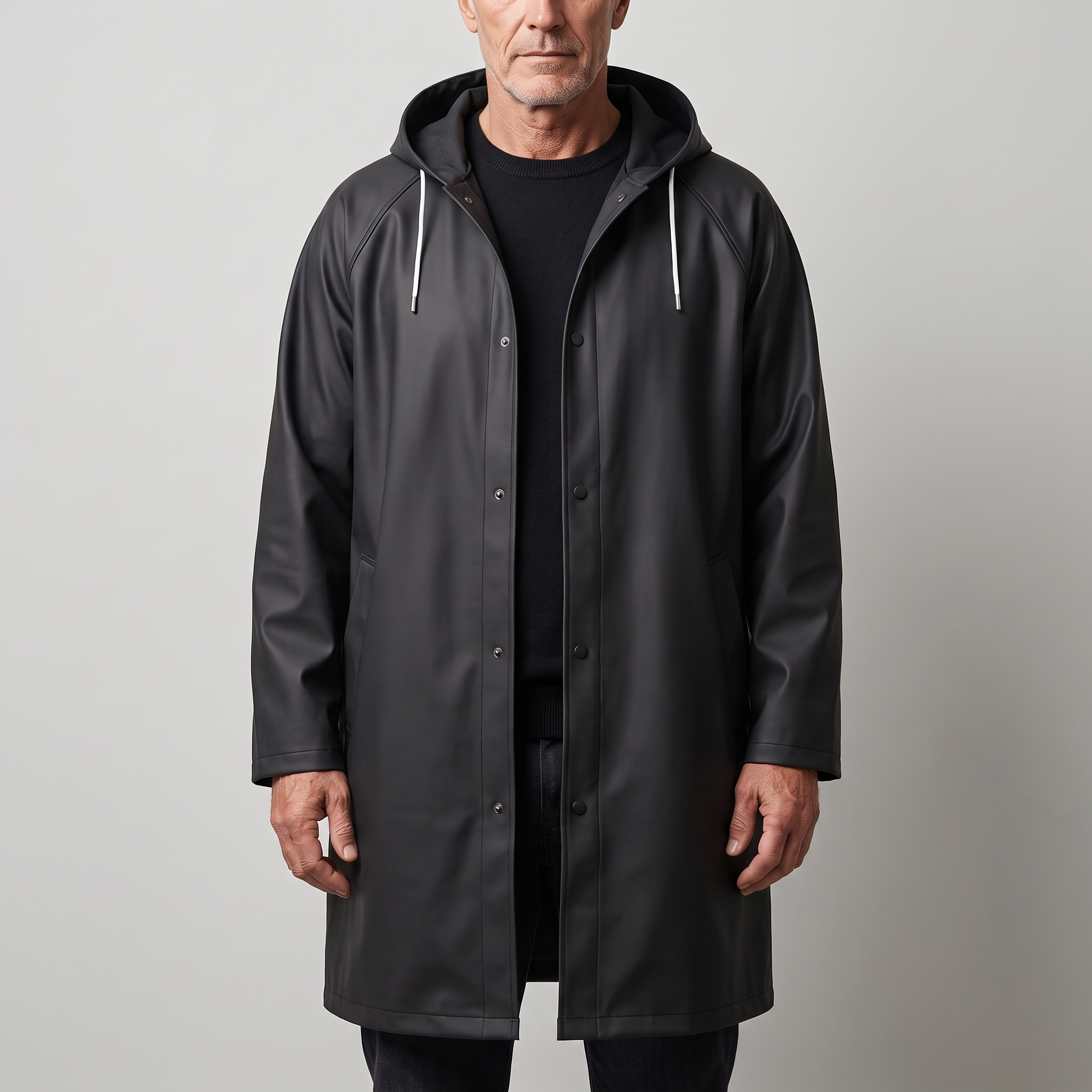 Lago men's knee-length hooded rain coat in Black, front view
