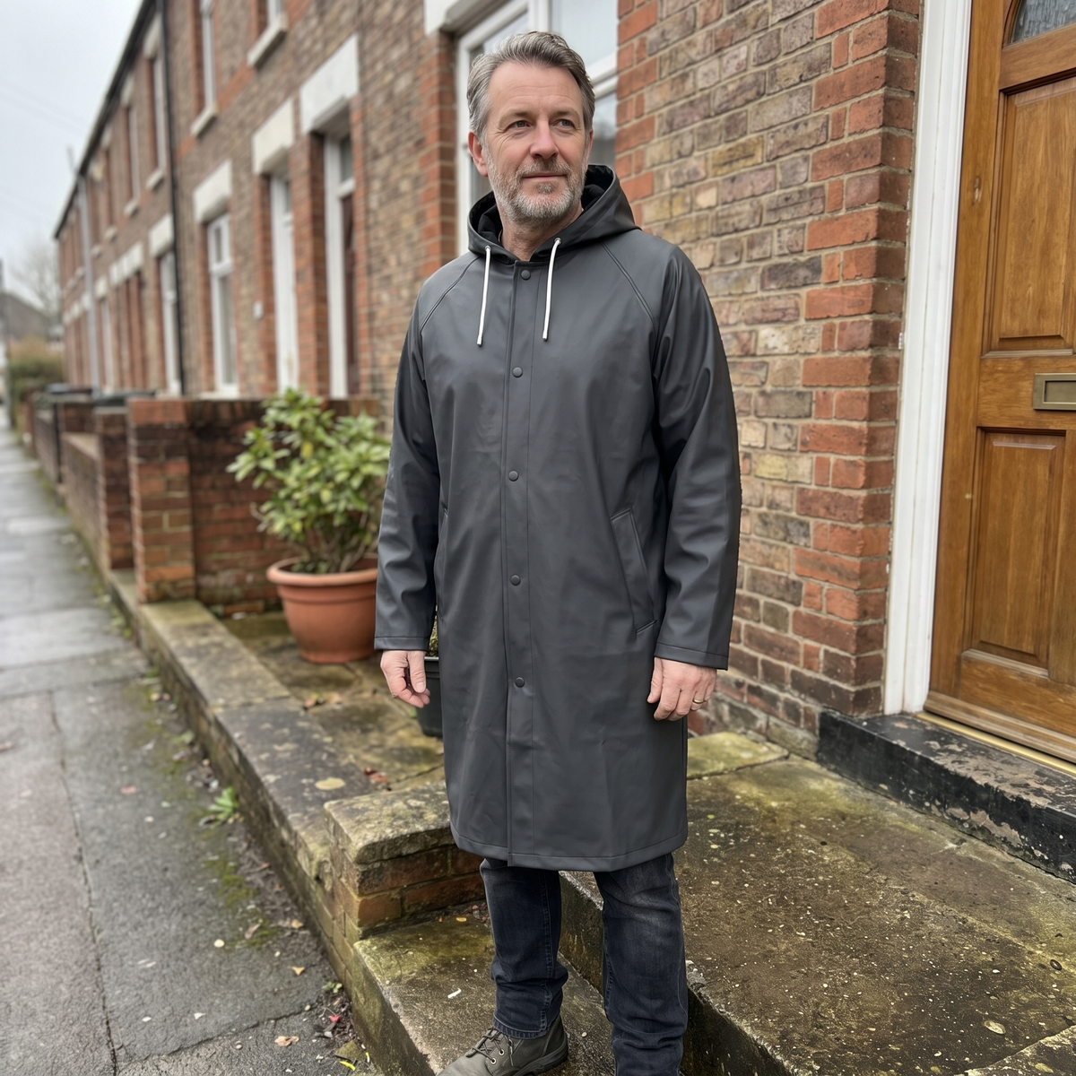 Man wearing the Lago rain coat in Black on a rainy street