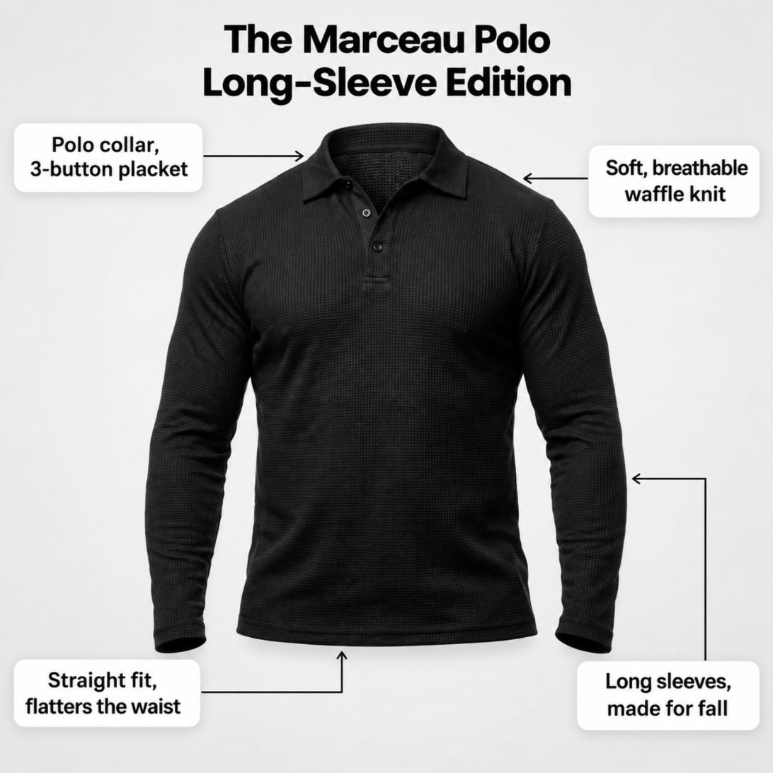 Marceau long-sleeve polo features: polo collar with 3-button placket, soft breathable waffle knit, straight fit, long sleeves