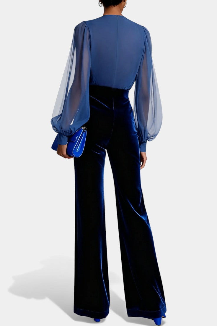 Mikaella V Neck Blue Velvet Jumpsuit with Long Sleeves – women's jumpsuits, view 2