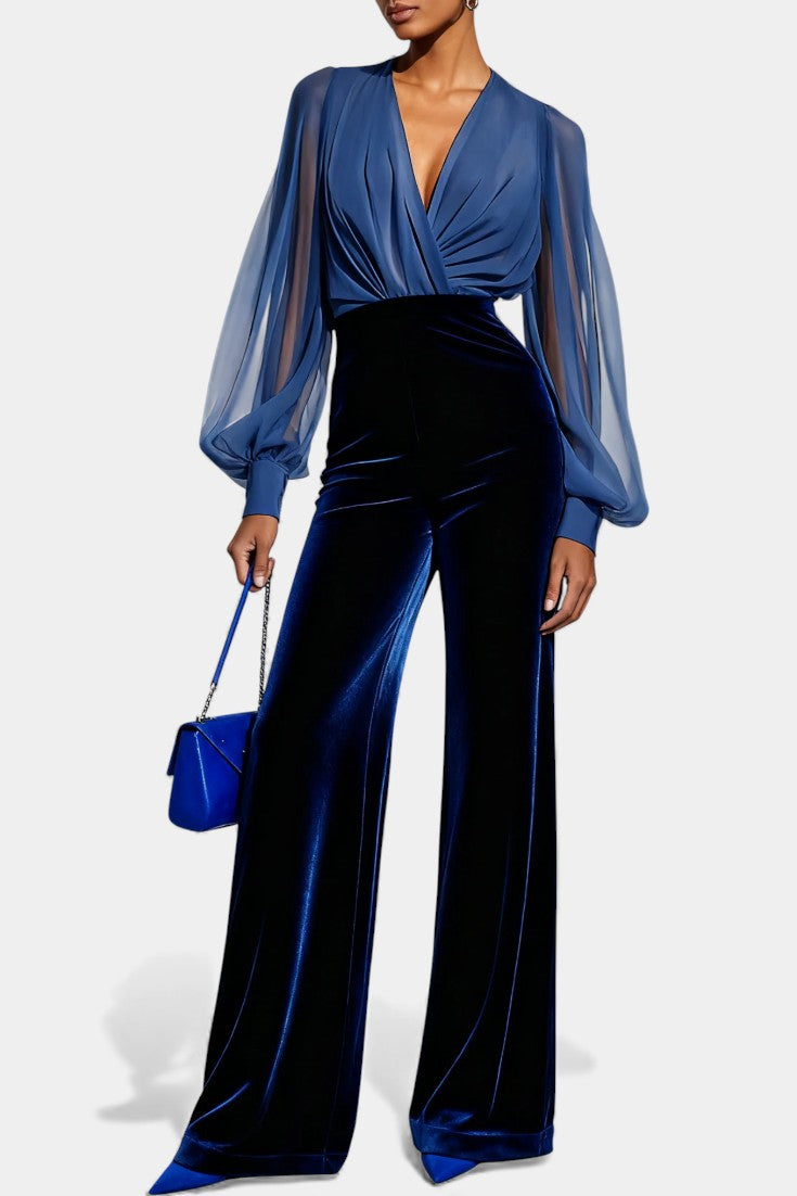 Mikaella V Neck Blue Velvet Jumpsuit with Long Sleeves – women's jumpsuits, view 4