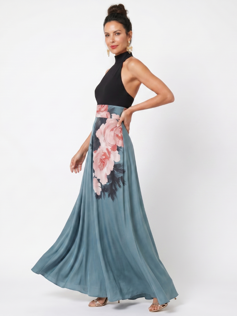 Olympas Halter Bodice Floral Skirt Maxi Dress – women's dresses, view 2