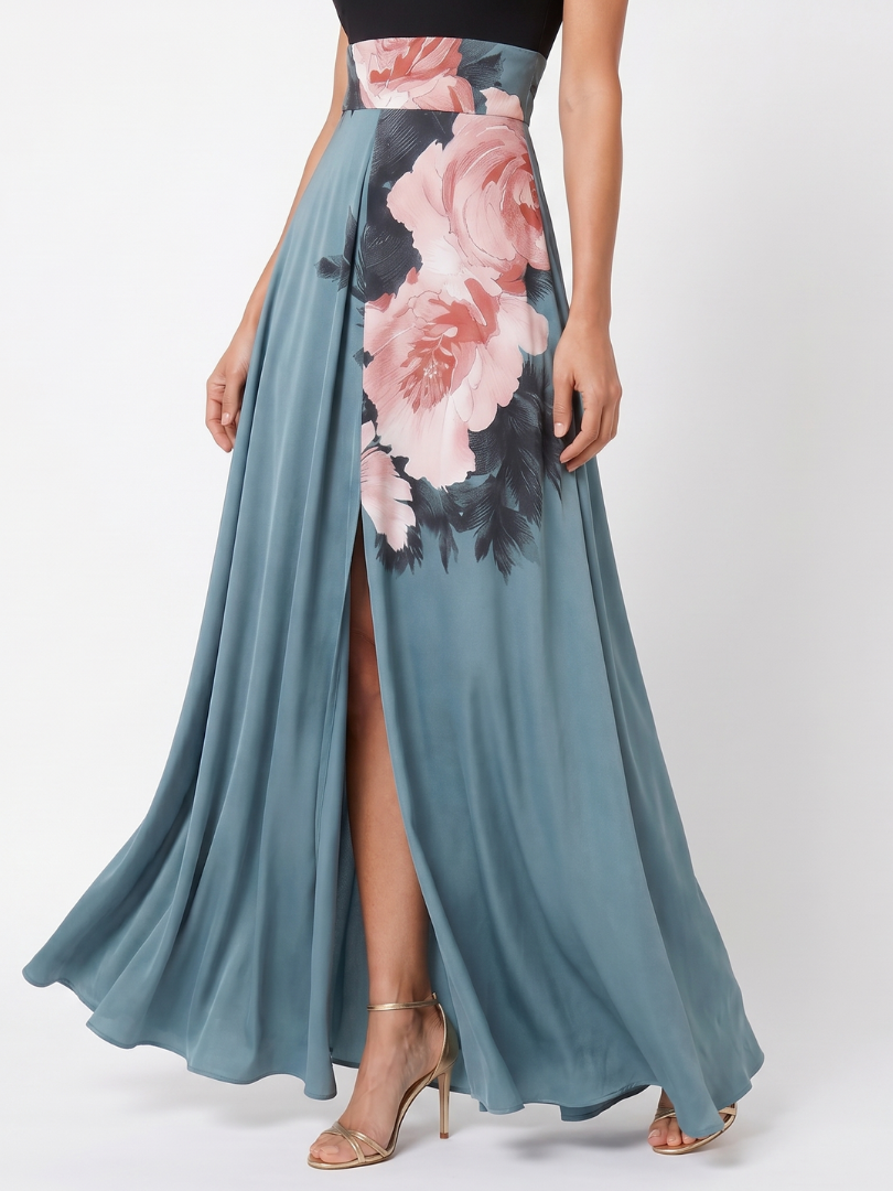 Olympas Halter Bodice Floral Skirt Maxi Dress – women's dresses, view 3