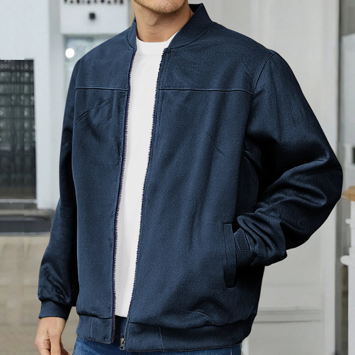 Oscar men's suede bomber jacket in Navy Blue