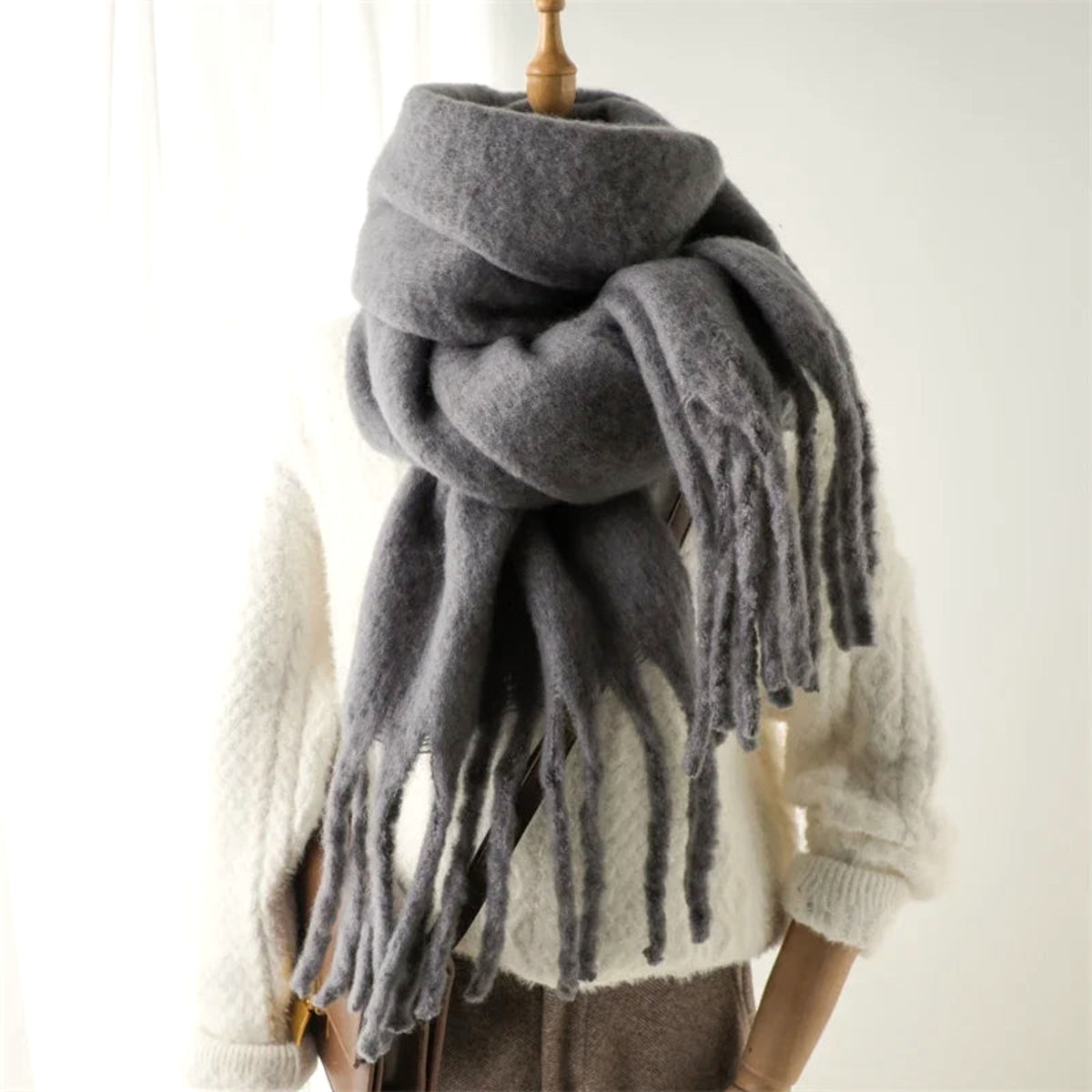 Ottavia Fringed Blanket Scarf in Grey