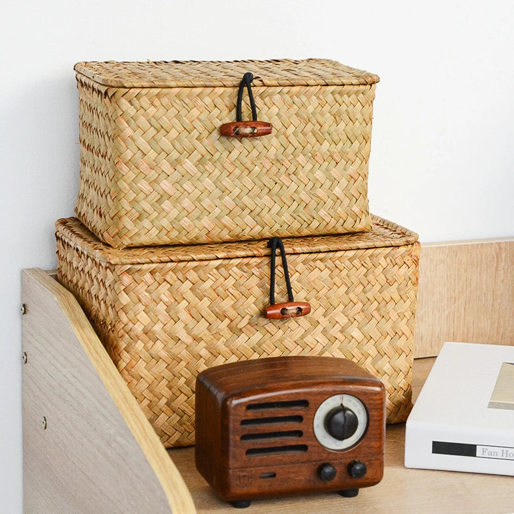 Paglia seagrass boxes on a shelf