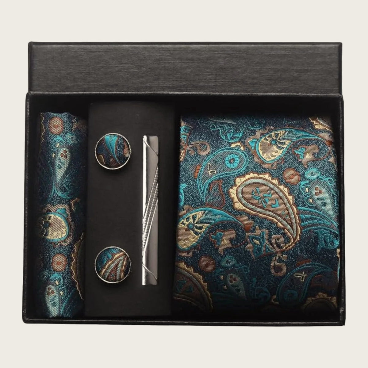 Raffaello Tie, Pocket Square & Cufflinks Gift Set in Teal Paisley