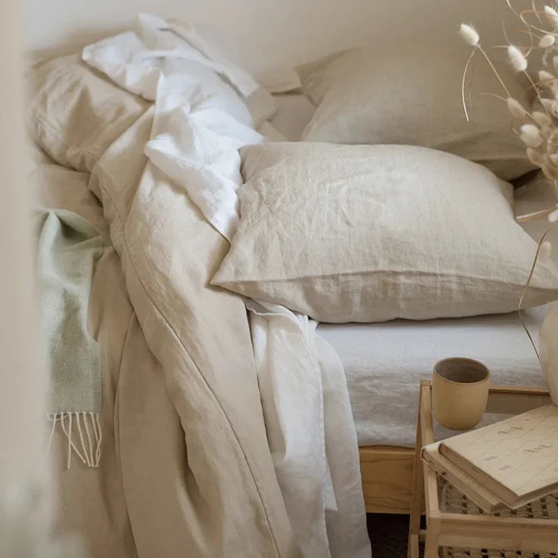 Ravello linen pillow covers on a bed