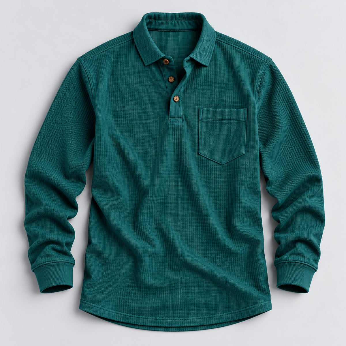Ravello men's long-sleeve waffle knit polo shirt in green, flat lay